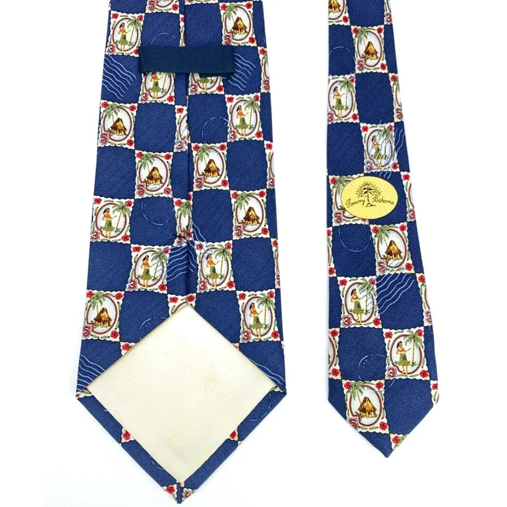 Tommy Bahama Aloha Hawaiian Hula Girl Mail Stamps Tiki Palm Trees Silk Necktie
